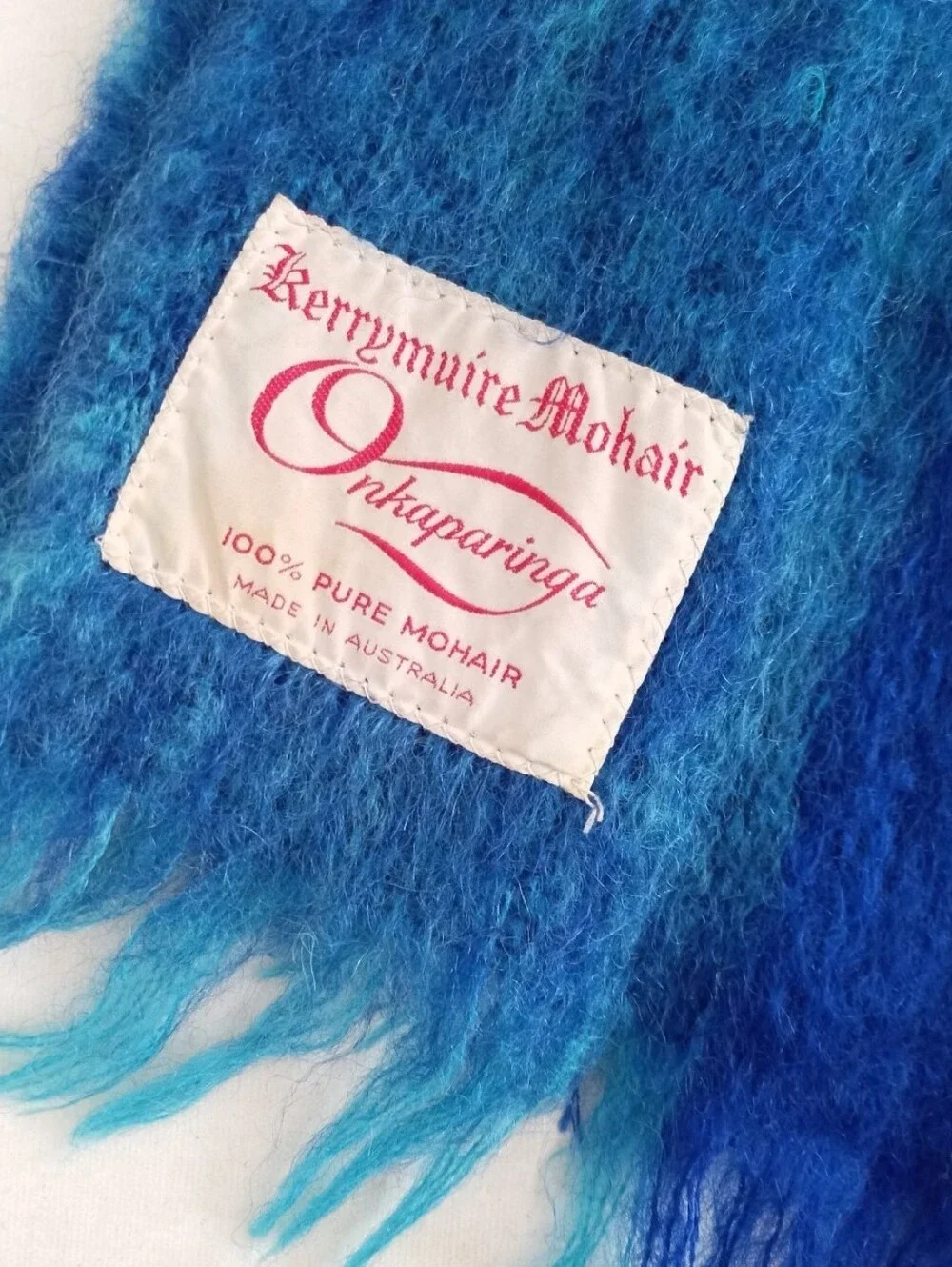 Onkaparinga vintage 1960s Australian 100% mohair blue plaid fringe end blanket